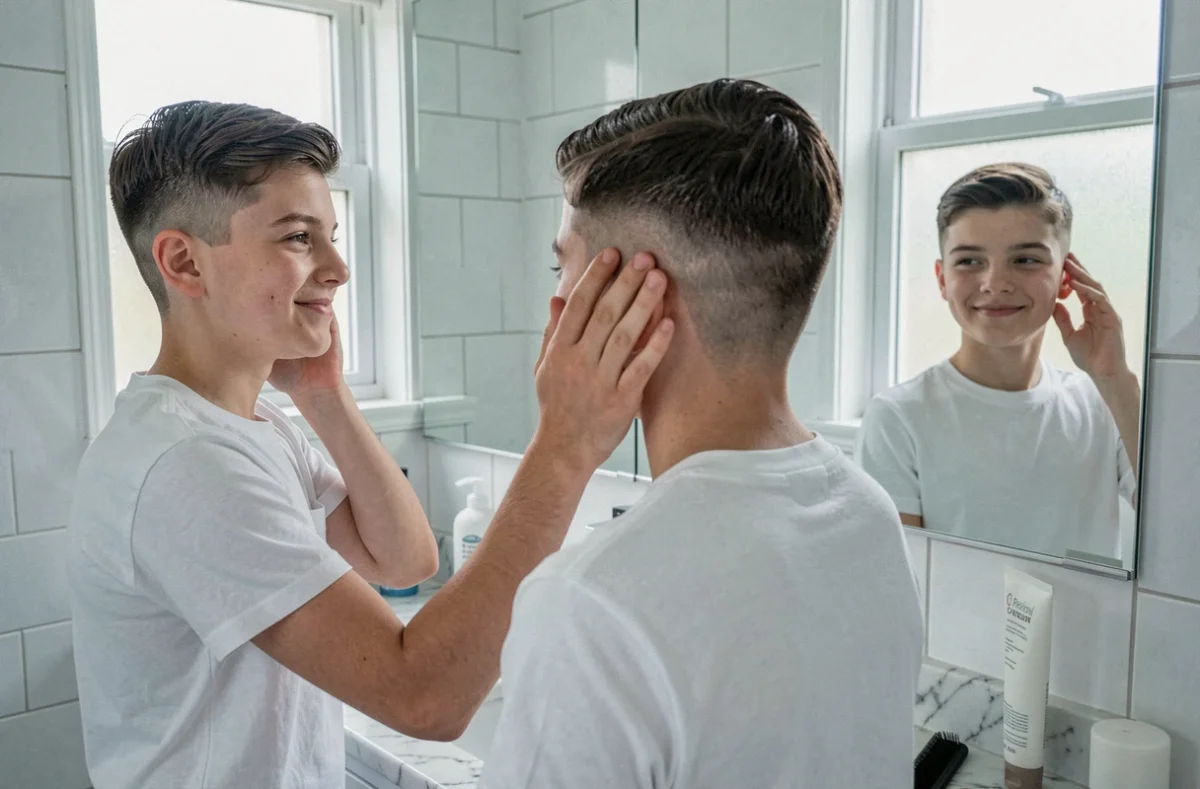 Adolescent de 14 ans admirant sa nouvelle coiffure dans le miroir de la salle de bain après sa première coupe chez le coiffeur