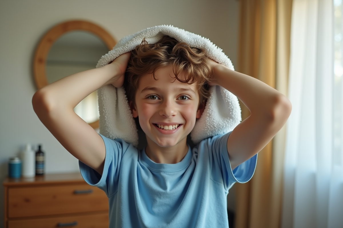 Adolescent souriant séchant ses cheveux dans une chambre lumineuse