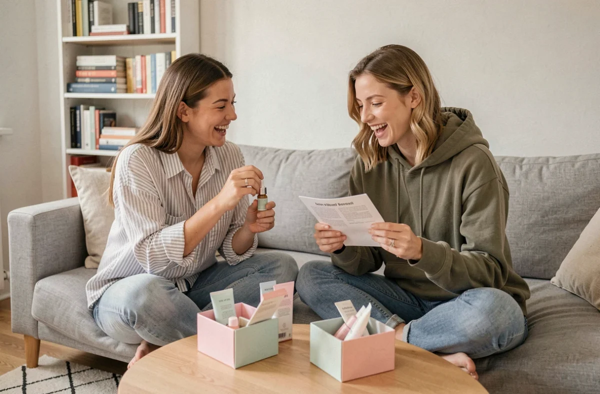 Deux amies comparant les produits de leur boîte beauté mensuelle dans un salon scandinave moderne et cosy