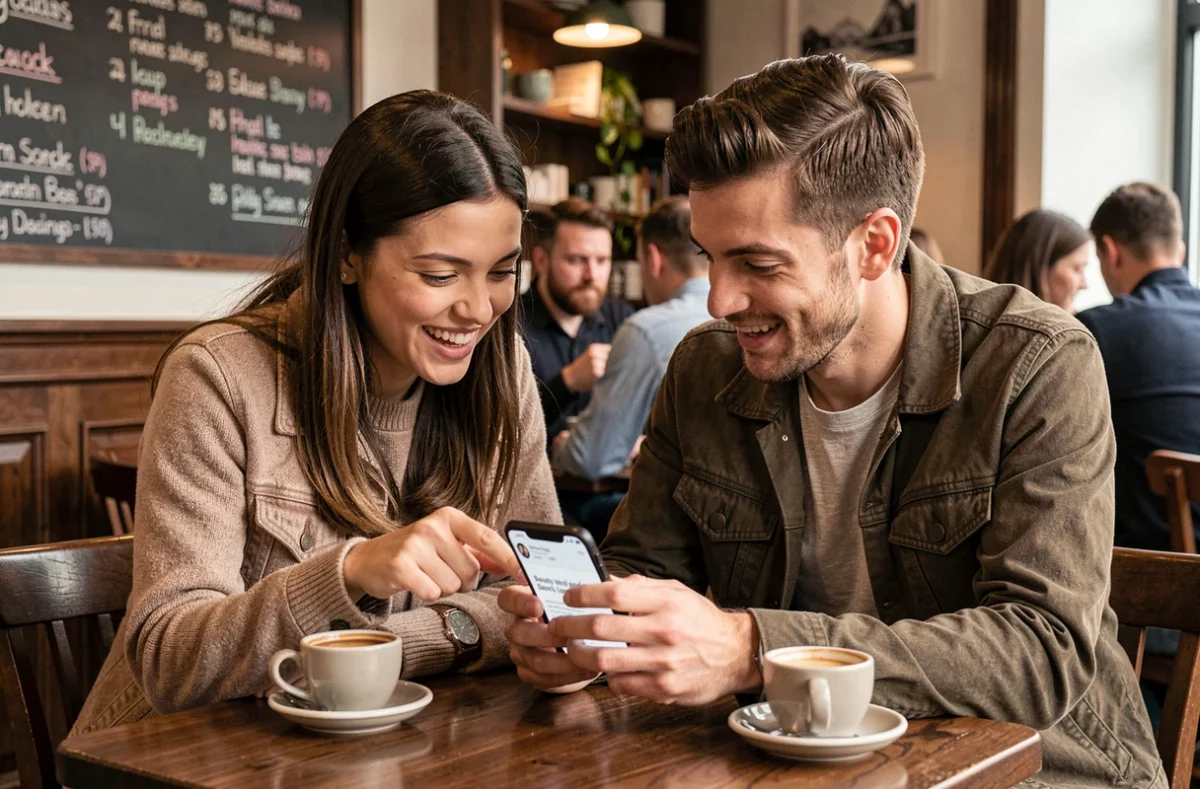 Deux amis discutant du contenu d'un blog beauté et geek autour d'un café dans une ambiance urbaine authentique