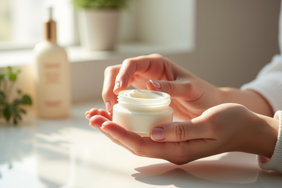 Mains appliquant une creme visage sur une coiffeuse