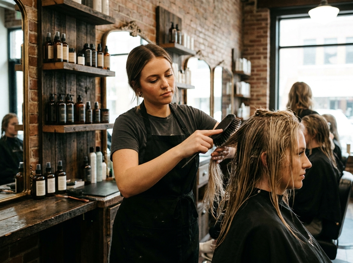 Coiffeuse appliquant un gloss capillaire sur les cheveux d'une cliente dans un salon de coiffure moderne