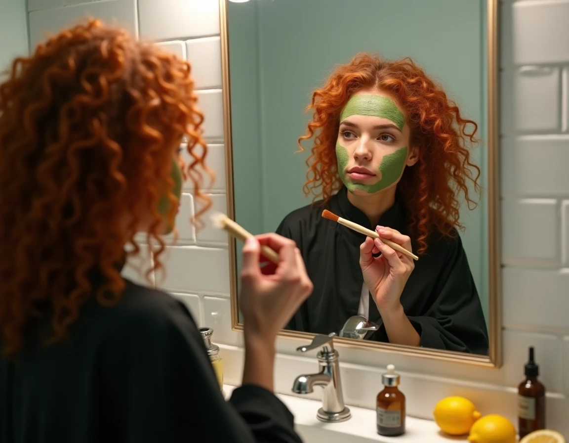 Application de henné colorant sur cheveux bouclés devant un miroir de salle de bain