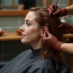 Application de henné noir sur cheveux châtains en salon de coiffure, résultat riche et profond