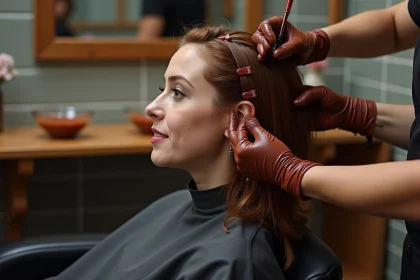 Application de henné noir sur cheveux châtains en salon de coiffure, résultat riche et profond
