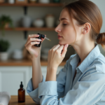 Femme appliquant huile essentielle sur le cou dans un intérieur calme