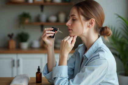 Femme appliquant huile essentielle sur le cou dans un intérieur calme