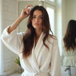 Femme appliquant un spray protecteur thermique sur cheveux mouillés devant un miroir de salle de bain