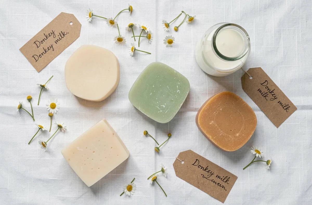 Assortiment de savons artisanaux au lait d'ânesse disposés en flat-lay sur lin blanc avec fleurs séchées