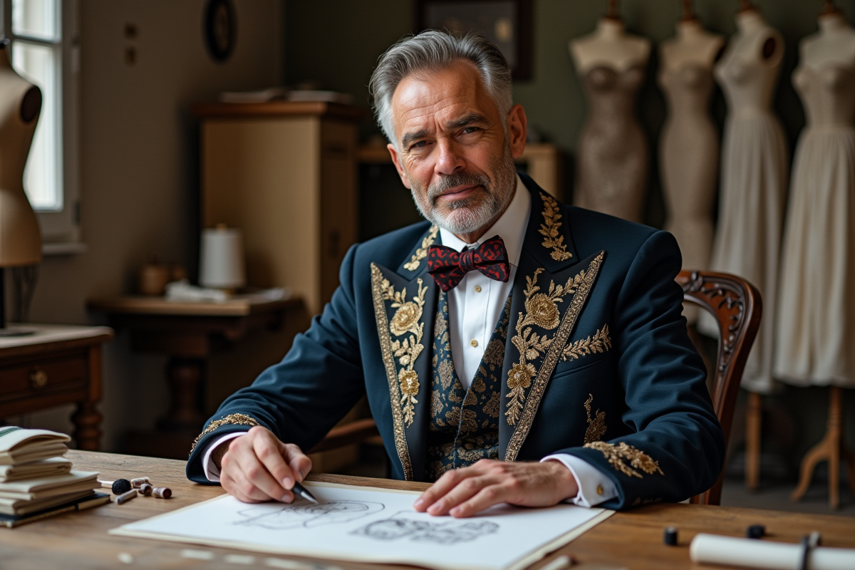 Homme créateur discutant de sketches dans un atelier de couture