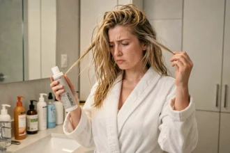 Femme déçue tenant une bouteille Olaplex dans une salle de bain en examinant ses cheveux abîmés après plusieurs mois d'utilisation