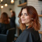 Femme aux cheveux mi-longs avec un balayage roux cuivré réalisé en salon de coiffure professionnel, reflet dans le miroir