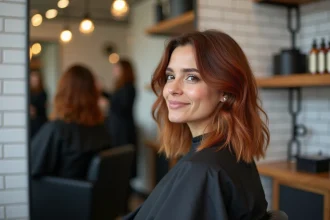 Femme aux cheveux mi-longs avec un balayage roux cuivré réalisé en salon de coiffure professionnel, reflet dans le miroir