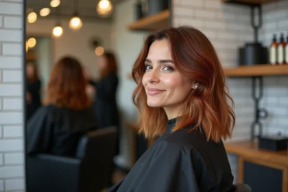 Femme aux cheveux mi-longs avec un balayage roux cuivré réalisé en salon de coiffure professionnel, reflet dans le miroir