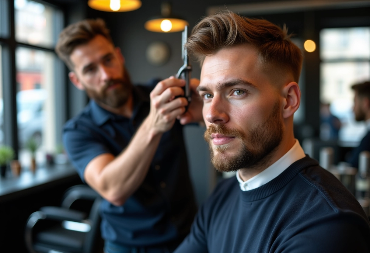 Barbier en train de finaliser la coupe d