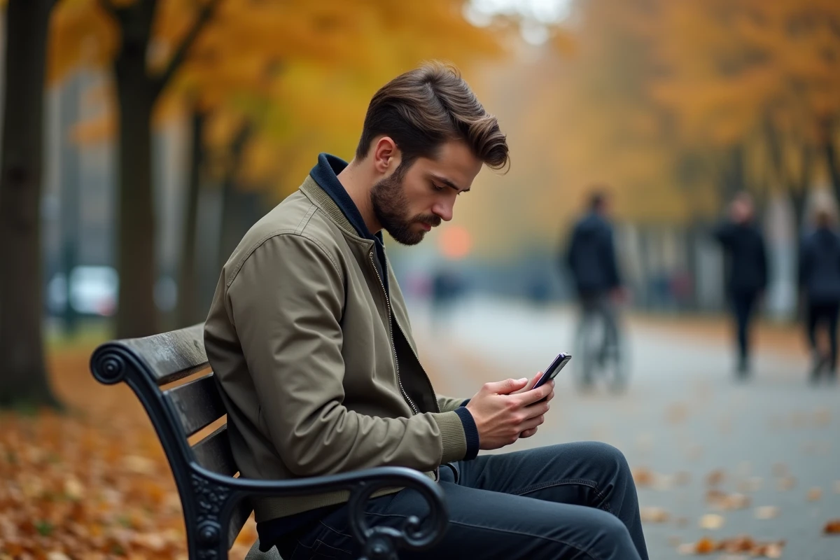 Beau jeune homme isolé dans un parc regardant son téléphone avec une expression préoccupée face à la célébrité internet