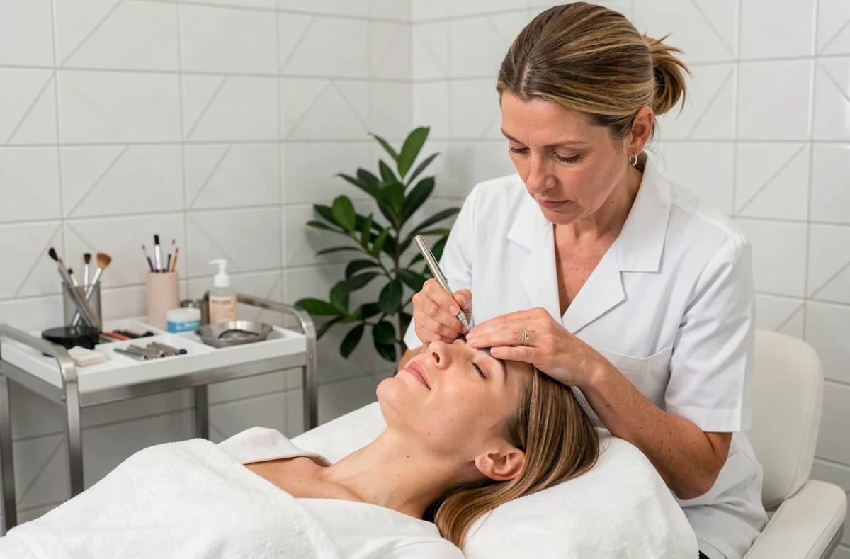 Esthéticienne réalisant un soin des sourcils sur une cliente dans le salon Beauty Experts à Pau Lescar