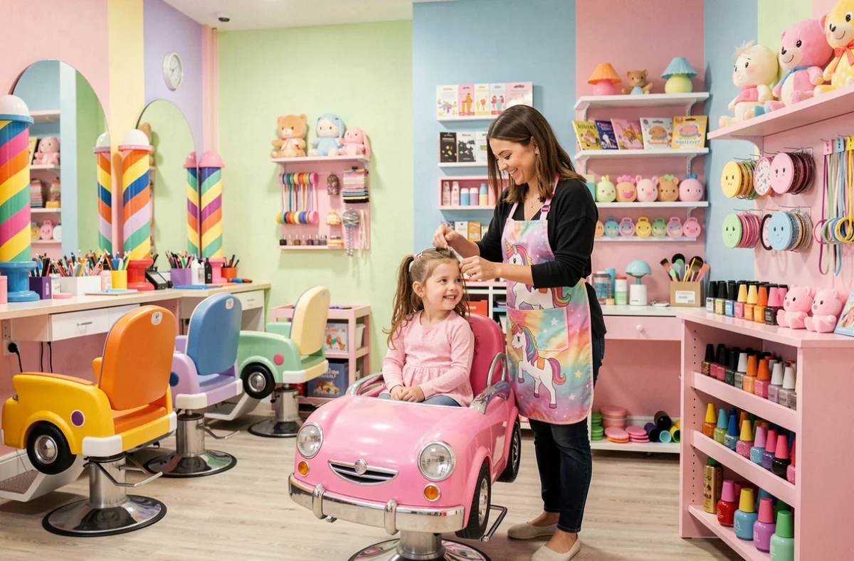 Coiffeuse coiffant une petite fille dans le salon coloré et ludique Beauty Kids Land à Eysines