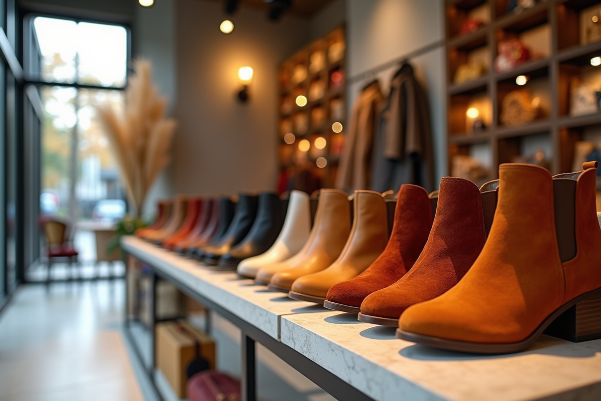 Intérieur d une boutique de chaussures avec bottes automnales à la mode
