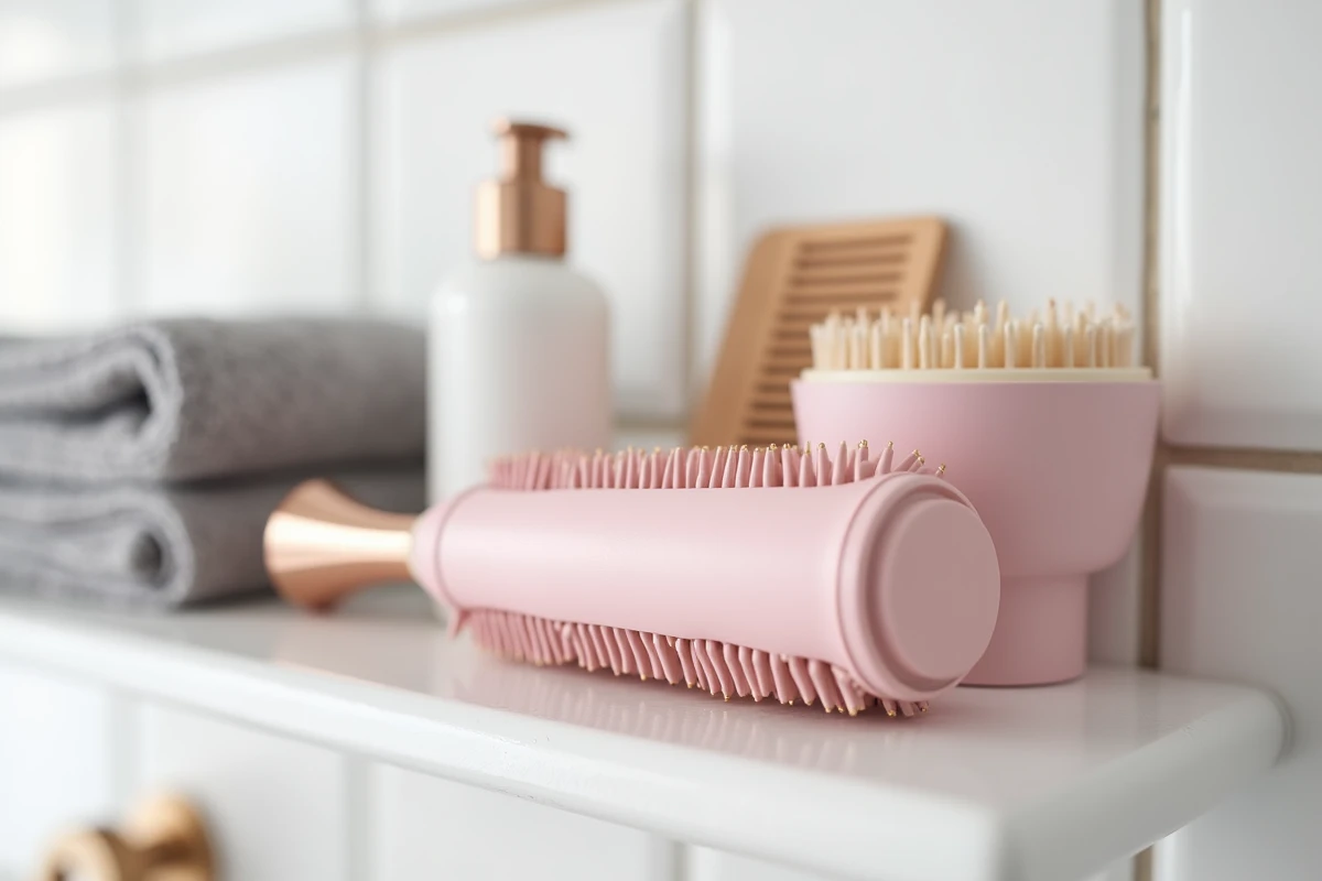 Brosse soufflante rose gold posée sur une étagère de salle de bain avec accessoires coiffure