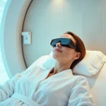 Femme en peignoir blanc se relaxant dans une cabine de bronzage UV dans un centre de beauté à Levallois-Perret