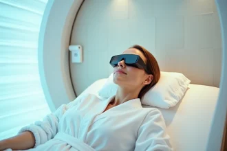 Femme en peignoir blanc se relaxant dans une cabine de bronzage UV dans un centre de beauté à Levallois-Perret