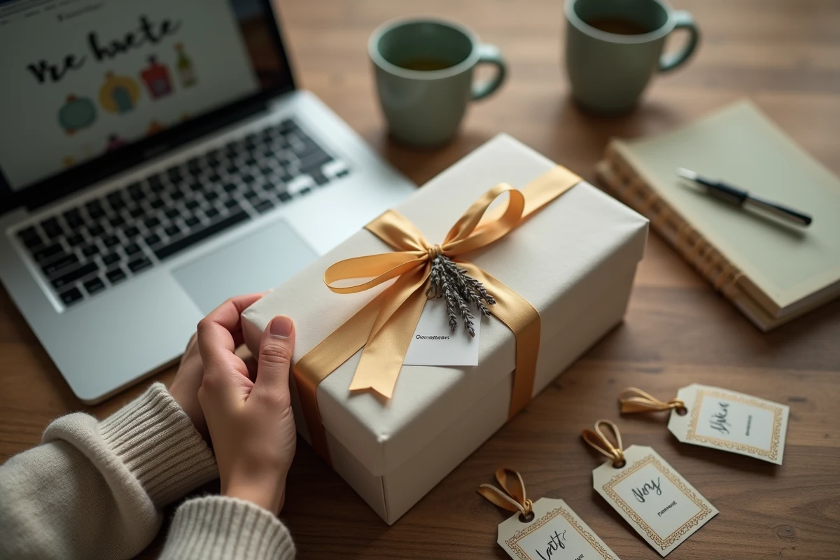 Cadeau parfum emballé avec ruban satiné sur une table en chêne, entouré d'étiquettes manuscrites et d'un ordinateur ouvert sur un site de critiques de parfums