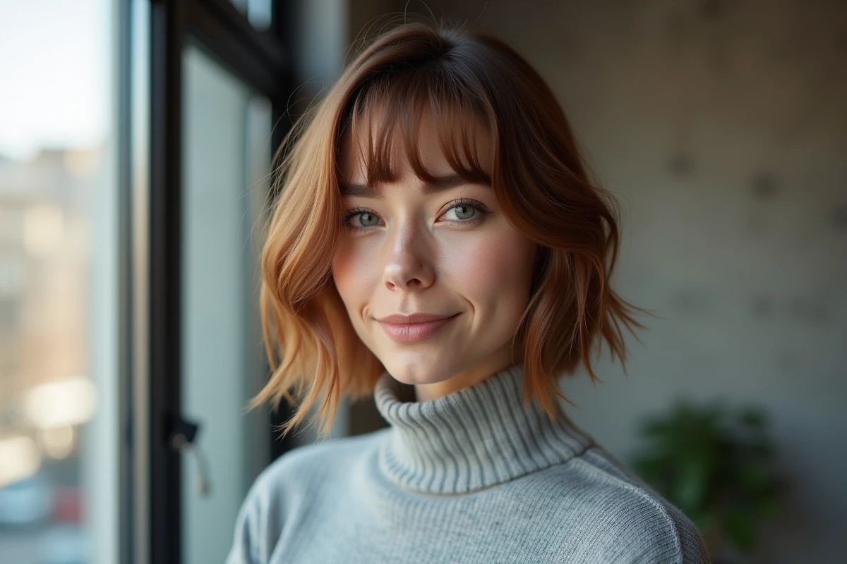 Femme jeune avec un carré plongeant asymétrique sur cheveux fins pour affiner un visage rond