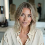 Femme aux cheveux fins avec un carré plongeant précis adapté à un visage ovale, dans un salon de coiffure moderne