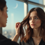Femme dans un salon lumineux regardant dans le miroir avec un coiffeur