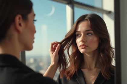 Femme dans un salon lumineux regardant dans le miroir avec un coiffeur