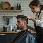Coiffeuse professionnelle appliquant du wax sur une coupe courte en salon de coiffure urbain