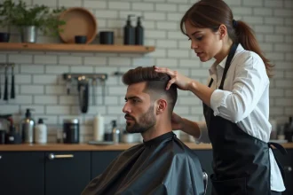 Coiffeuse professionnelle appliquant du wax sur une coupe courte en salon de coiffure urbain
