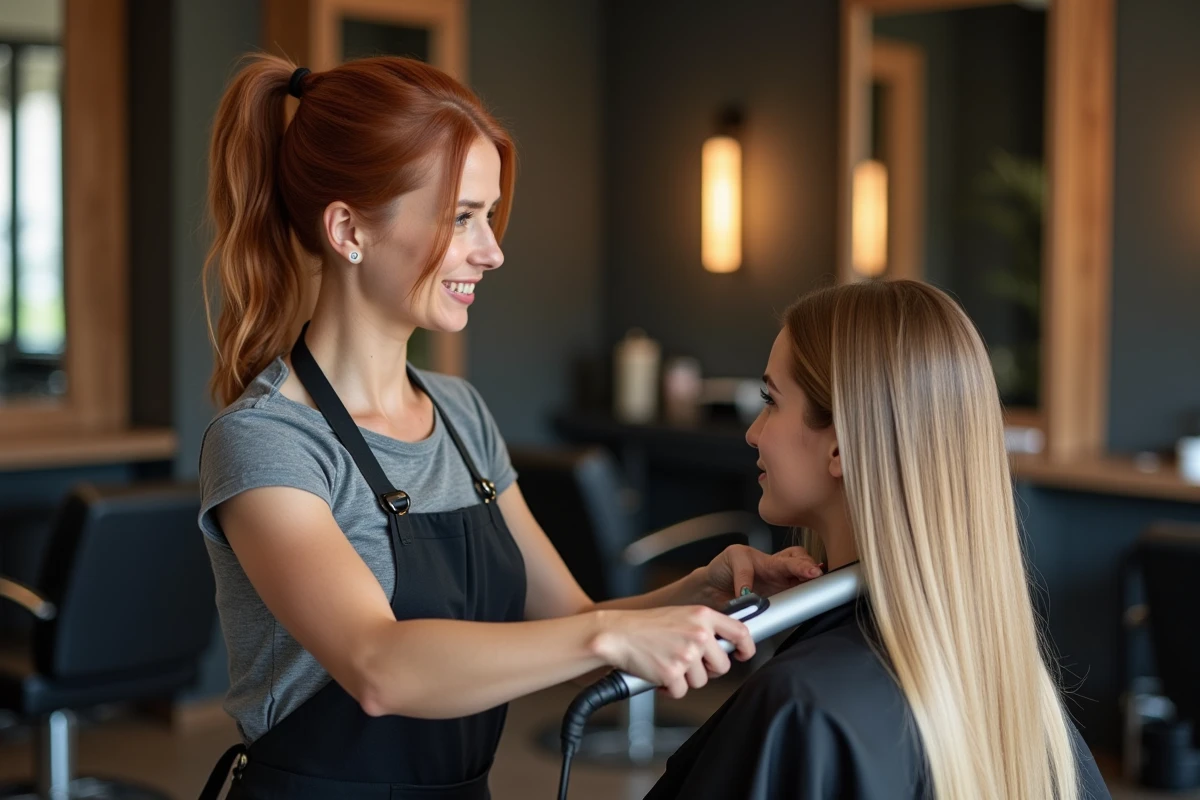 Coiffeuse professionnelle utilisant un fer lissant sur cheveux blonds dans un salon de coiffure moderne