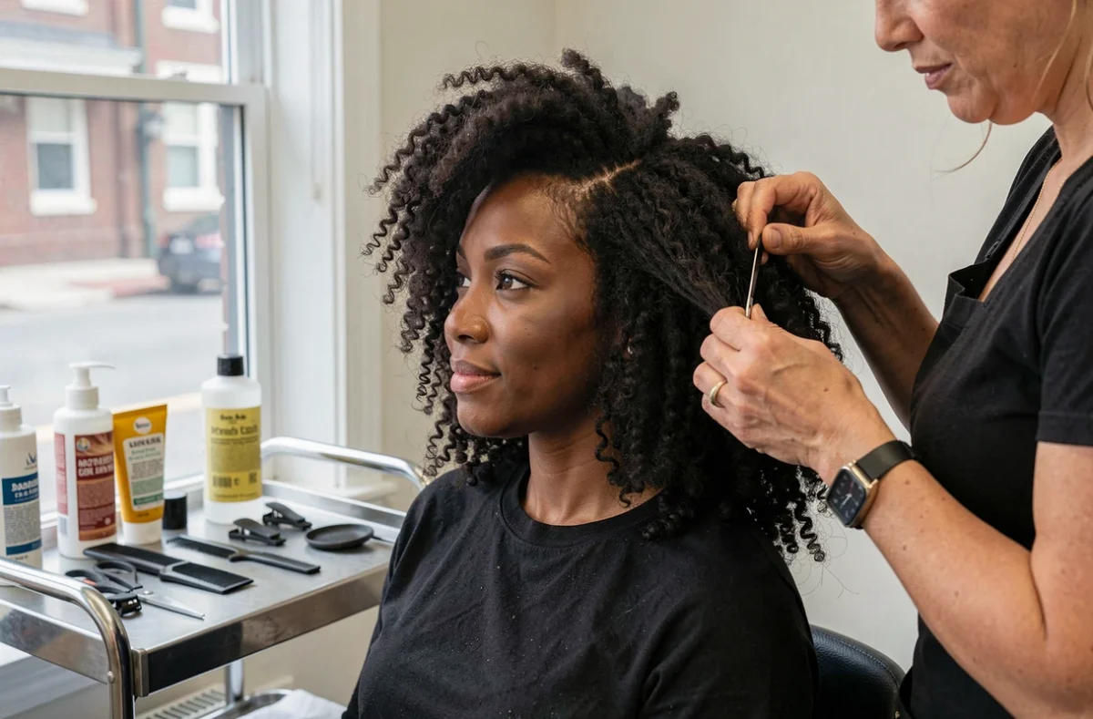 Coiffeuse professionnelle sectionnant les cheveux afro naturels d'une cliente dans un salon bien équipé, produits capillaires naturels visibles sur le chariot