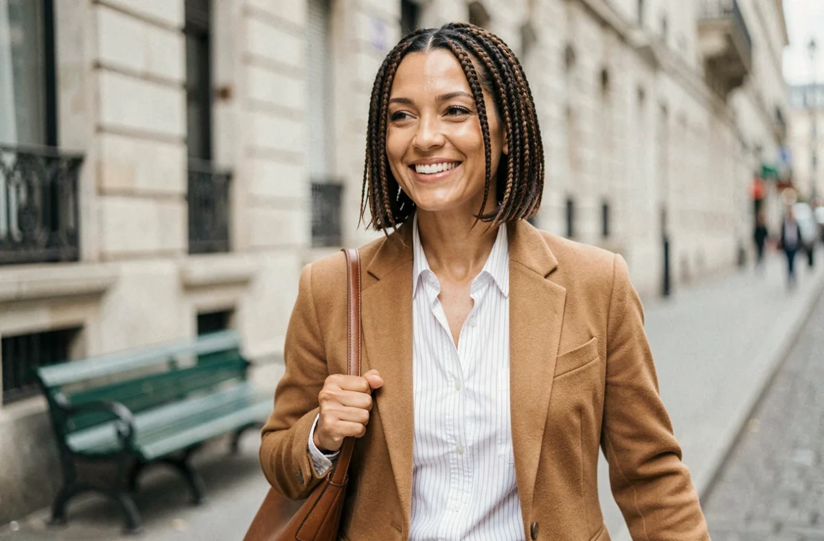 Femme parisienne arborant une coiffure carré court transformée en tresse couronne dans les rues de Paris