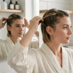 Femme aux cheveux courts tressant son carré en coiffure tressée rapide devant un miroir de salle de bain moderne