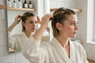 Femme aux cheveux courts tressant son carré en coiffure tressée rapide devant un miroir de salle de bain moderne