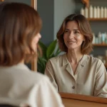 Femme de 45 ans avec un carré plongeant volumineux pour cheveux fins dans un salon de coiffure parisien moderne