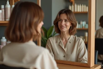 Femme de 45 ans avec un carré plongeant volumineux pour cheveux fins dans un salon de coiffure parisien moderne