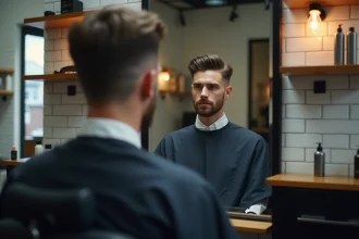 Homme aux cheveux fins avec une coiffure raie sur le côté texturée dans un salon de coiffure moderne