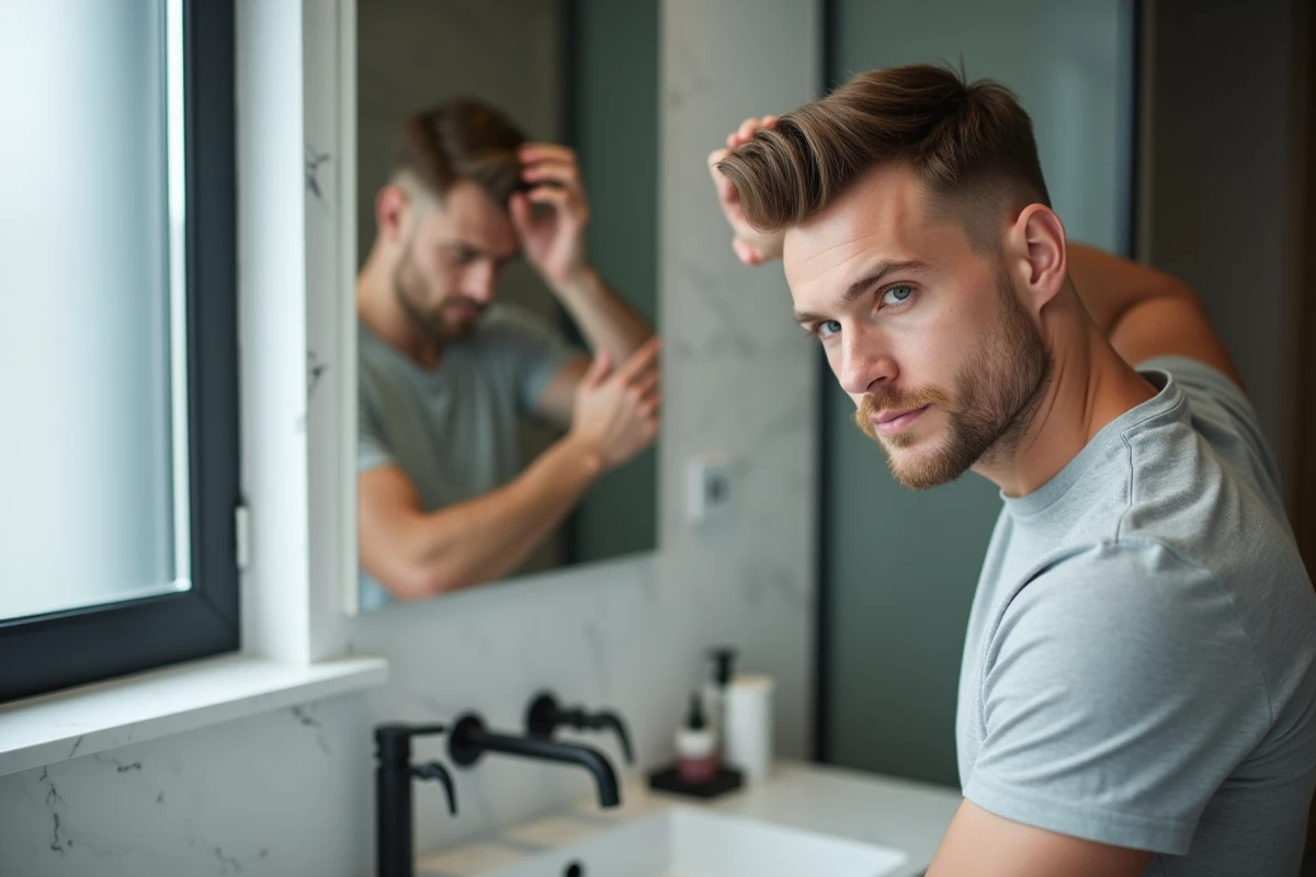 Homme aux cheveux fins coiffés en quiff léger adapté au visage ovale dans une salle de bain moderne