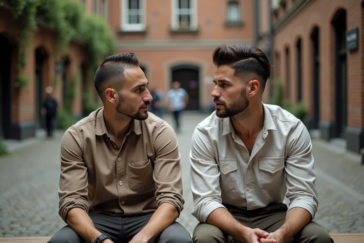 Deux hommes aux cheveux fins avec des coiffures différentes adaptées à leur forme de visage respectif en extérieur urbain