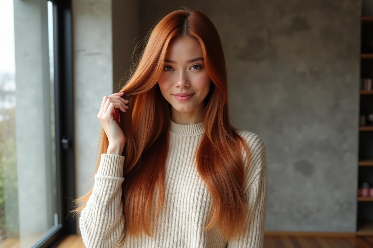 Femme aux cheveux longs avec une coloration totale rouge auburn uniforme, photographiée près d'une fenêtre dans un appartement moderne