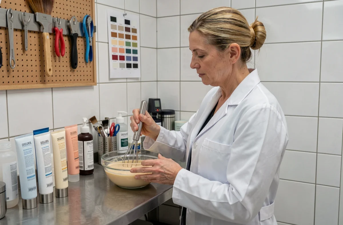 Coloriste professionnelle préparant une formule de mèche blonde pour homme en arrière-boutique de salon