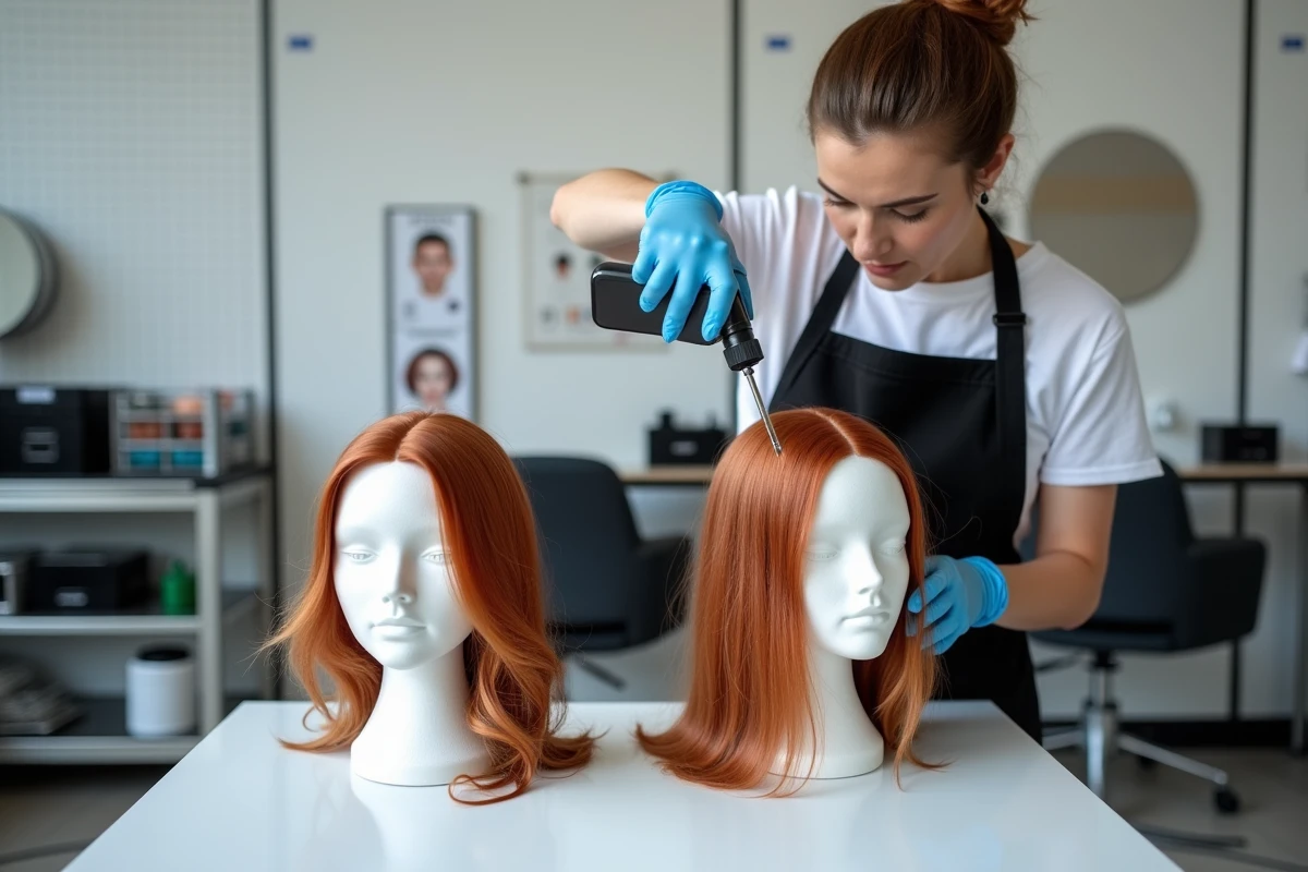 Coiffeuse professionnelle comparant un balayage roux et une coloration totale sur deux têtes de mannequin dans un espace de préparation salon