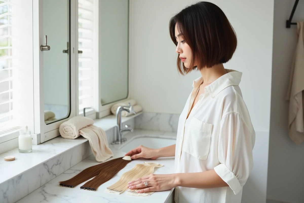 Femme avec carré court comparant différentes longueurs de tape in extensions sur marbre