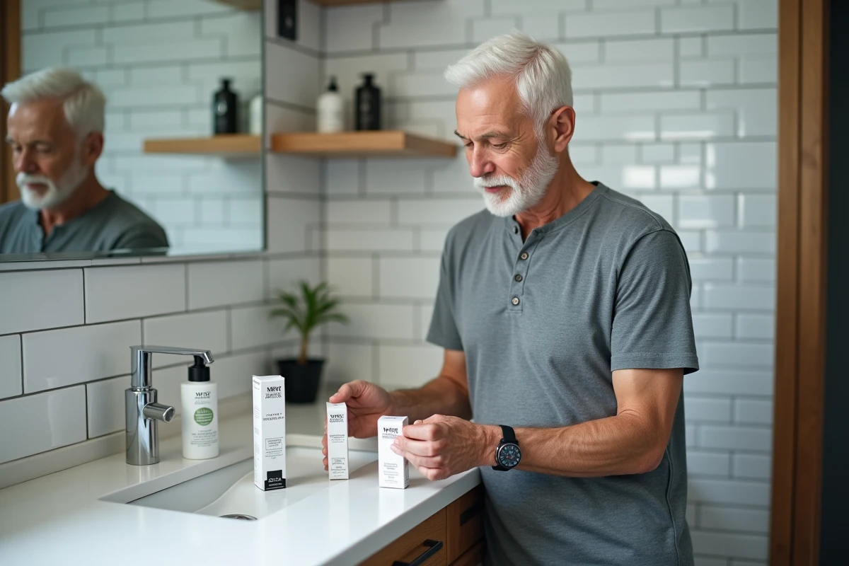 Homme aux cheveux blancs comparant des boîtes de teinture pour hommes sur le comptoir de sa salle de bain