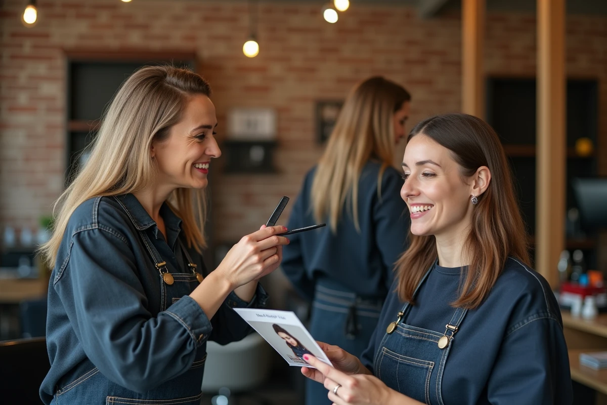 Consultation entre coiffeuse et cliente au visage rond pour choisir une coupe Cuenta adaptée