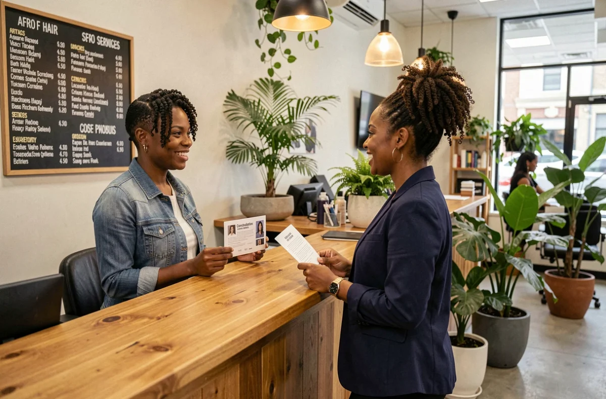 Femme noire discutant avec une réceptionniste dans un salon de coiffure afro moderne, consultant la liste des services capillaires au tableau d'affichage